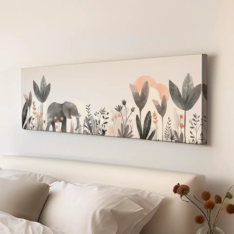 My Sweet Hideout Elephant Nursery Above Bed Wall Art Floral, Panoramic Wildlife Canvas Print, Safari Long Horizontal Canvas Art 30x90