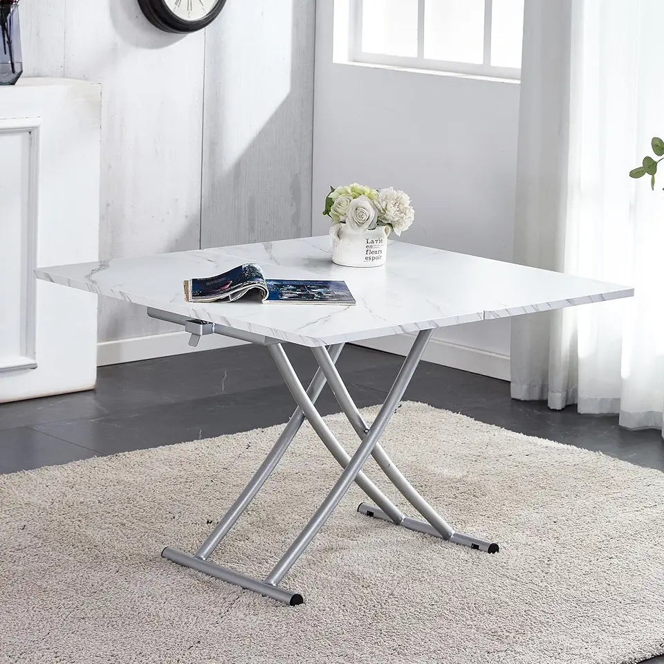 4 in 1 Adjustable Folding Dining Table for 4 - Transformer Coffee to Dining, Lifting Wooden Top & Metal Legs, Ideal for Small Spaces (Kitchen/Living/Dining) (White, 39.3