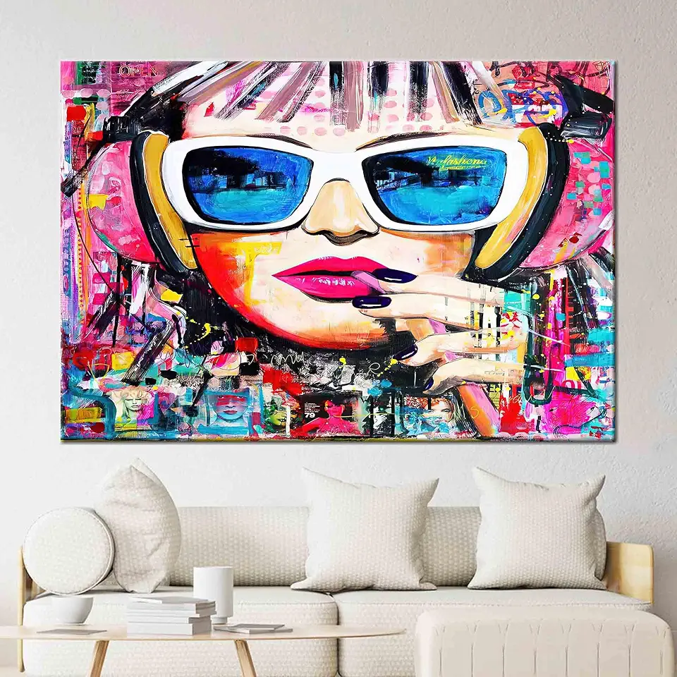 Colorful Abstract Graffiti Artwork Featuring a Woman's Portrait and Lip Art Printed on Canvas for a Modern Aesthetic Appeal in Home or Office Decor - 1PC - 100x235