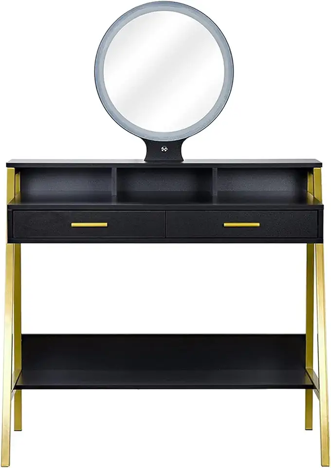 Makeup Dressing Table Vanity Table Golden Steel Frame with LED 3-Color Touch Round Mirror 2 Drawers Storage Shelf（White/Black） Vanities for Makeup (Color : Black) (White) (Black)