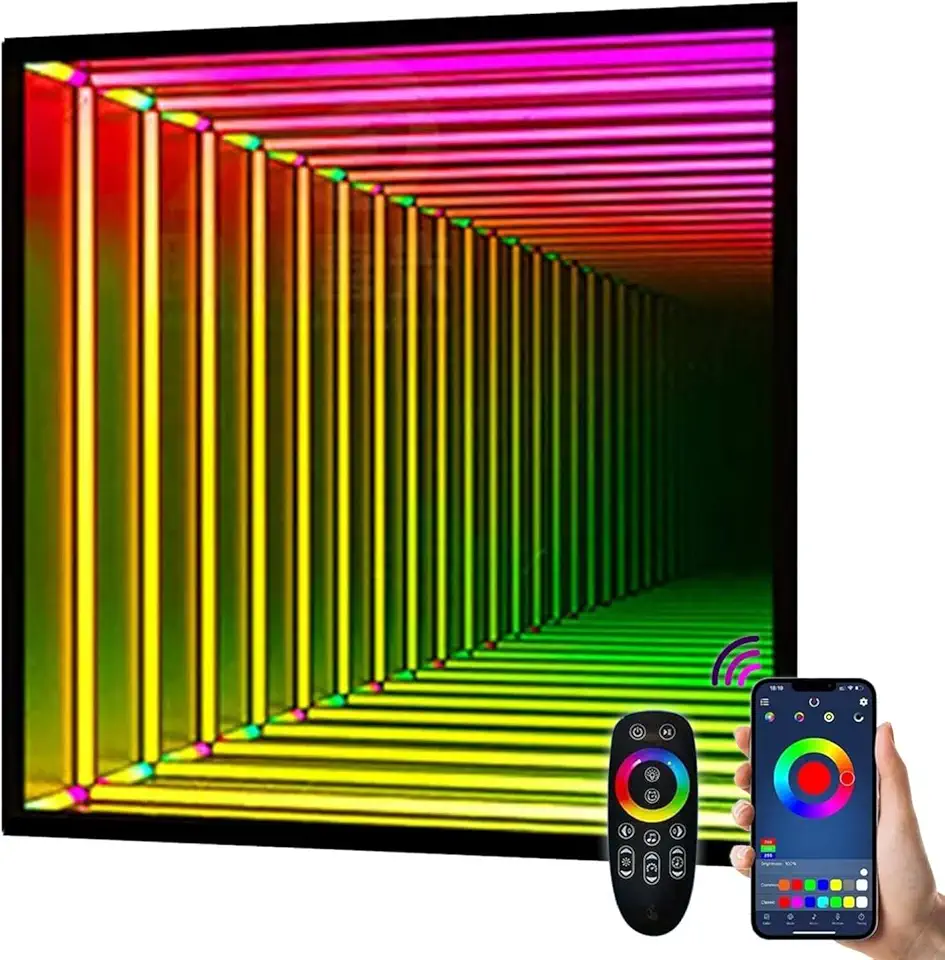Infinity Lamp Tunnel Mirrors for Wall, Infinity Art Light Night Light, Mirror Tunnel Light, Remote Control Geometric RGB Colour Changing Wall Decor, Cool RGB LED Desk Table Lamp Light,70cm