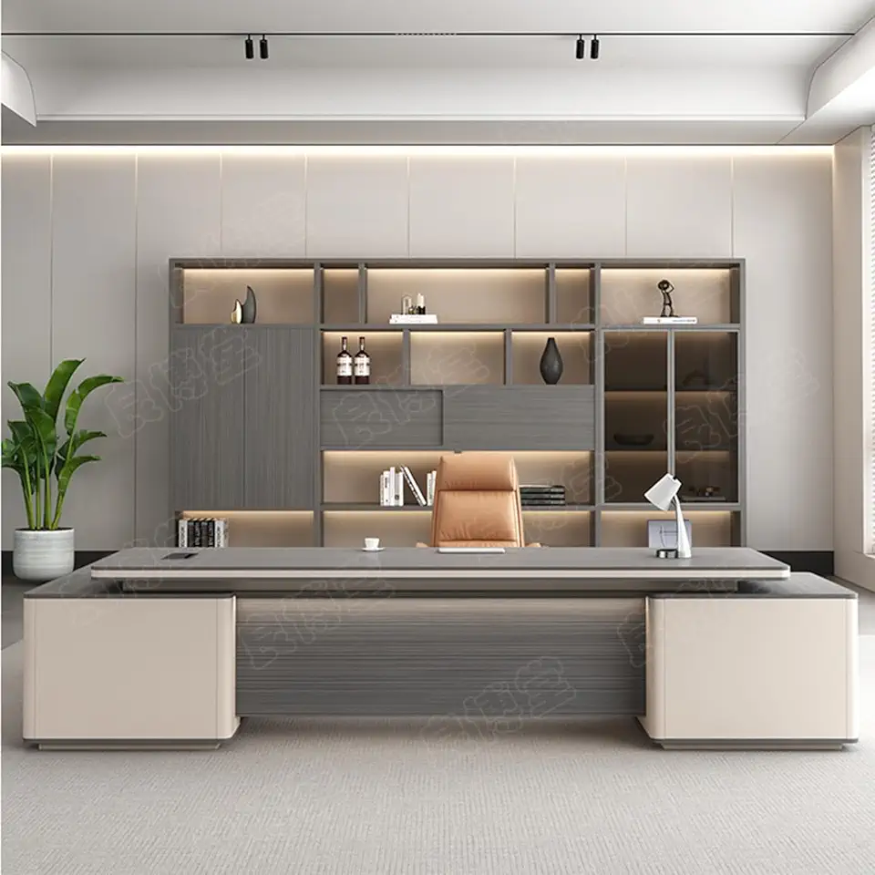 Large Computer Desk with Shelves and Storage Cabinet, Luxury Wood Corner Executive Desk with File Drawers and Cable Management, Writing Study Table Business Furniture Set Workstation for CEO B