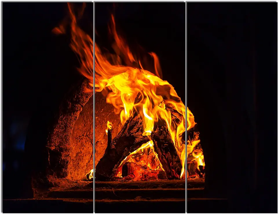Design Art PT12449-36-28-3P Wood Stove with Fire and BlazeAbstract Wall Art Canvas, 36x28-3 Panels