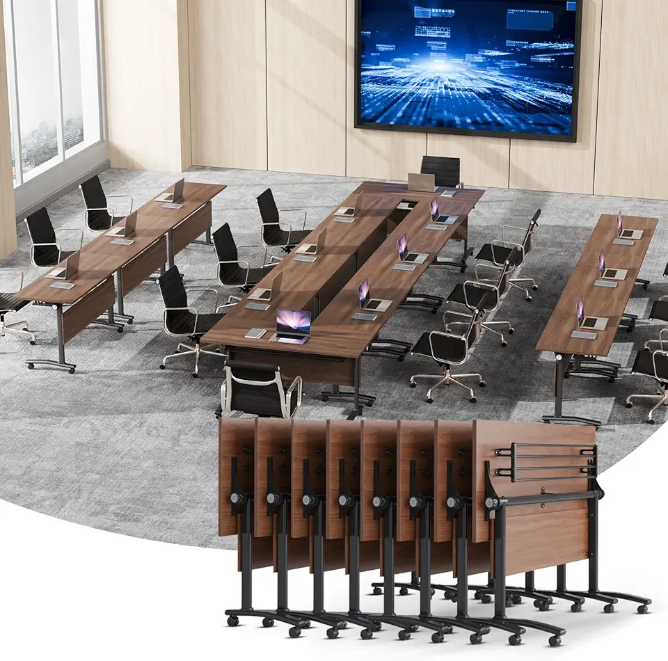 Conference Table, Foldable Conference Room Tables with Silent Wheels, Folding Modular Seminar Meeting Tables, Modern Rectangle Training Table for Office, Boardroom (8, Walnut, 70.8)
