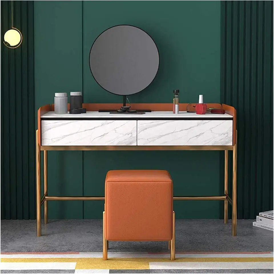 Dressing Table with 2 Large Drawers, Bedroom Makeup Vanity Desk with Round Mirror and Cushioned Stool (Color : White, Size : 100x40x78cm) (White 100x40x78cm)