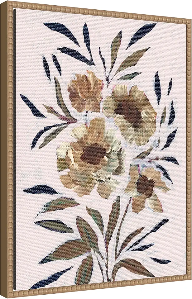 Kate and Laurel Muted Paintrely Florals Framed Canvas Wall Art by Nikita Jariwala 18 x 24 Sylvie Beaded Rustic Natural, Farmhouse, Abstract, Flowers Art for Wall Decor, Living Room, Bedroom