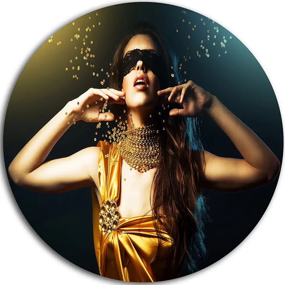 Designart Woman in Yellow with Mask Portrait Circle Wall Art-Disc of 23, 23'' H x 23'' W x 1'' D 1P