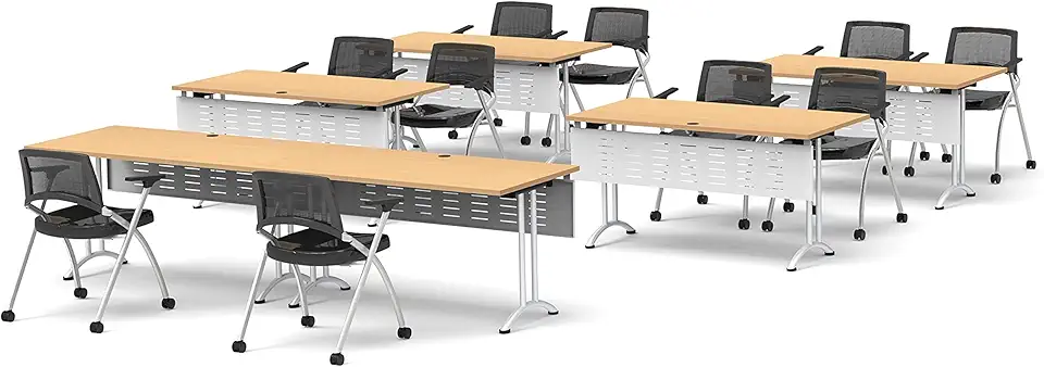 Tables Training Meeting Seminar Classroom Model 7456 22pc Color Beech Folding Table + Task Chairs + Modesty Panels. Tables Connect Together. Fold + Nest for Compact Storage.