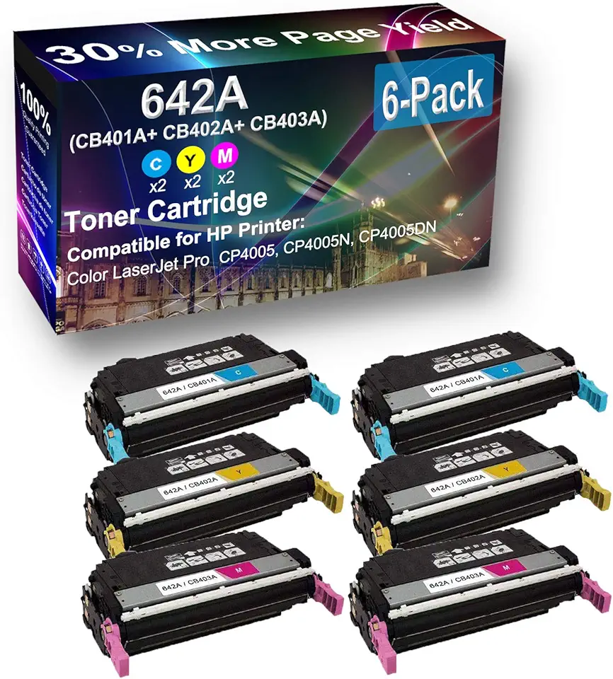 6-Pack (2C+2Y+2M) Compatible High Capacity 642A (CB401A+ CB402A+ CB403A) Toner Cartridge use for HP CP4005 Printer