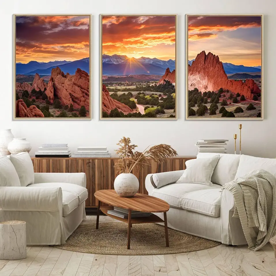 Rocky Mountains Sunset Wall Art Canvas Print – Ready to Hang, Framed Colorado Landscape 3 Panel Floating Frame/Natural / 90
