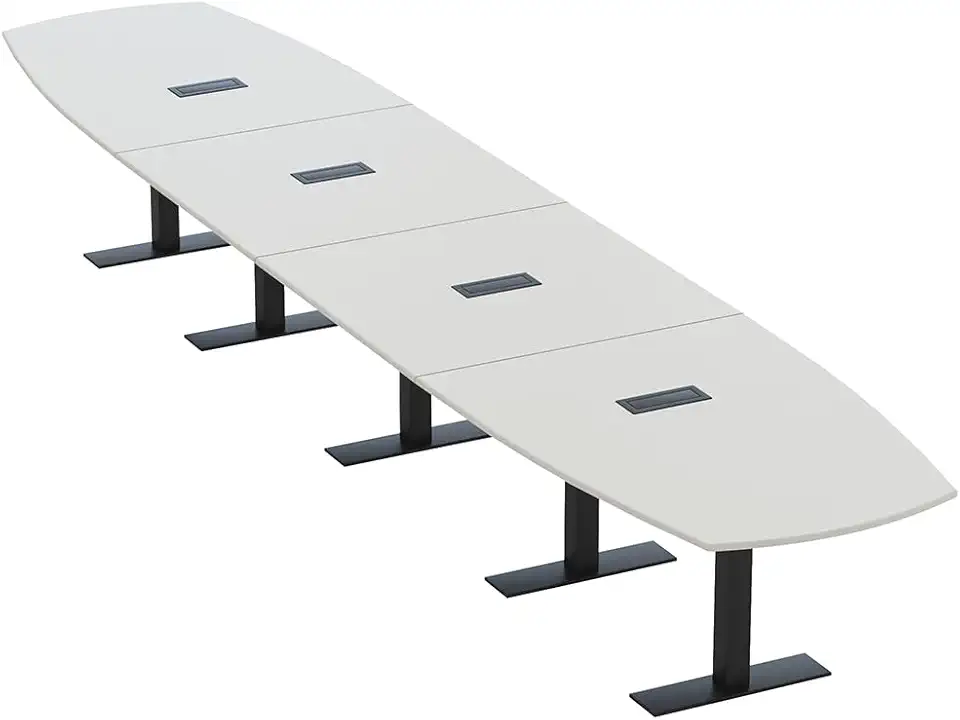 SKUTCHI DESIGNS INC. 20' Large Arc Boat Modular Conference Table with Data and Power | 20 Person Boardroom Table |Metal T Bases | Harmony Series | Light Gray with Matte Black Base