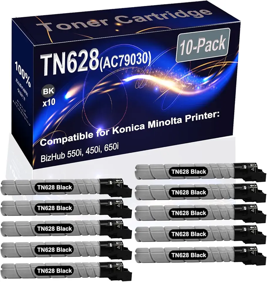 10-Pack (Black) Compatible TN-628 TN628 (AC79030) TN628K Printer Toner Cartridge (High Capacity) fit for Konica Minolta BizHub 550i 450i 650i Printer