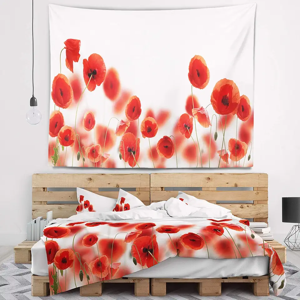 Designart ' Lovely Poppy Flowers on White' Floral Tapestry Blanket Décor Wall Art for Home and Office, Created on Lightweight Polyester Fabric XL: 92