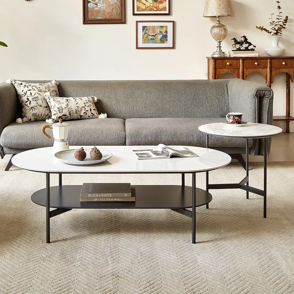 Marble Coffee Table, Oval Modern Center Table for Living Room, White Stone Coffee Tables Set of 2,2-Tier Circle Sintered Stone Top Table + Round Table (Set of 2 Tables)