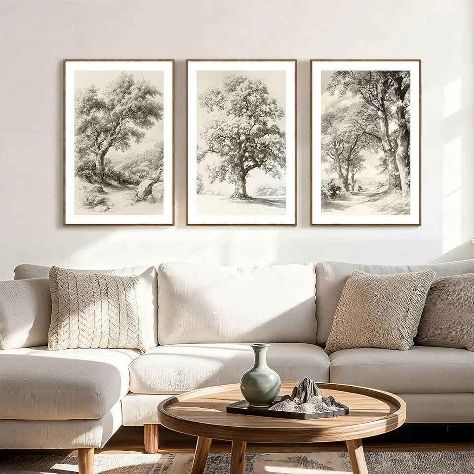 Zessonic Vintage Tree Sketch Wall Art Wilderness Botanical Canvas Oak Tree Art Set of 3, Retro Antique Framed Prints, Neutral Minimalist Wall Decor for Bedroom, Office - 16x24inchx3pcs