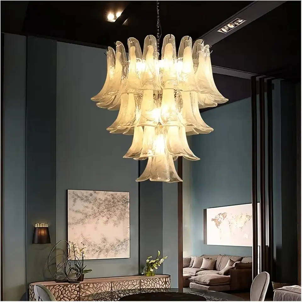 White Art Glass Flower Petal Vintage Chandelier Italy Design LED Remote Dimmable Pendent Light Living Room Dining Room Decoration Hanging Lamp