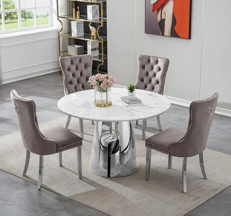 Round Dining Table Set for 4, 5-Piece Faux Marble Kitchen Table Set with 4 Upholstered Chairs, Round Dinner Table Set for 4, 47
