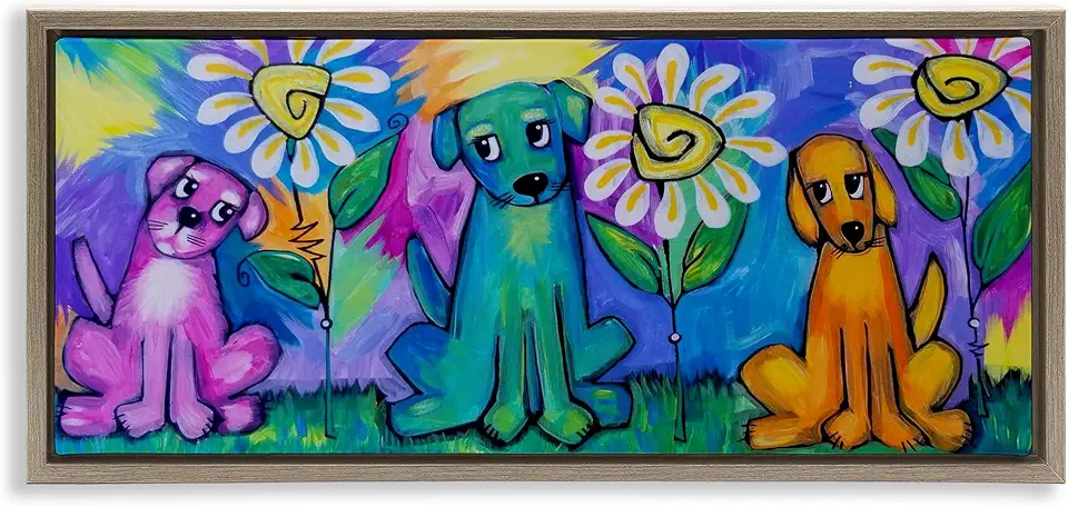 Stupell Industries Puppy Trio with Daisies Brown Framed Floater Canvas Wall Art Design by Nettie Price, 31 x 14
