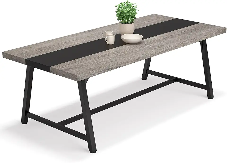 Sponsored Ad - LITTLE TREE 70.87 Inches Dining Table for 8 People Kitchen Table with Strong Metal Frame for Big Family Rectangular Large Long Dining Room Table for Gathering, Grey & Black