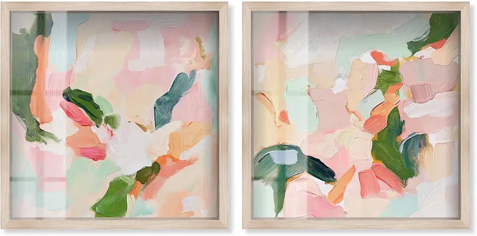 Art Remedy Blush Boho Minimal Wall Print Set Shadowbox Pastel Abstract Art, Blonde Frame, 40 x 40