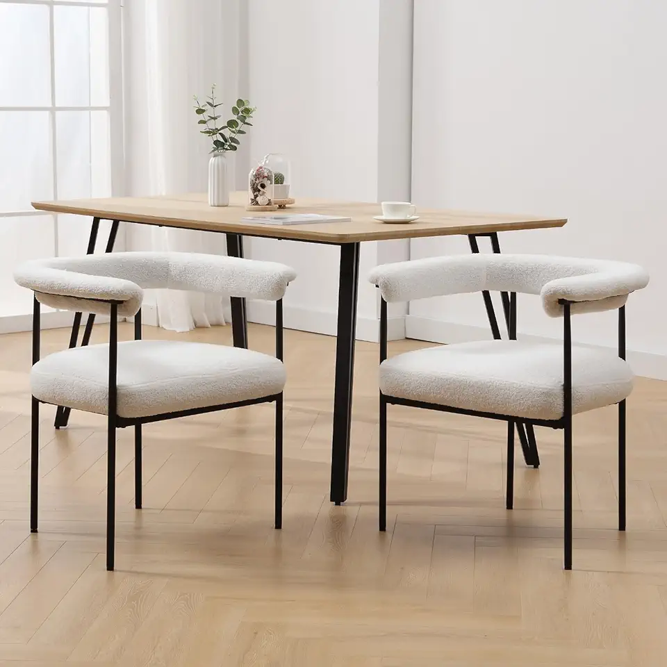 Sponsored Ad - Modern Dining Chairs Set of 2, Upholstered Sherpa Side Chair Armchair with Barrel Backrest Black Metal Frame for Dining Room Living Room, White