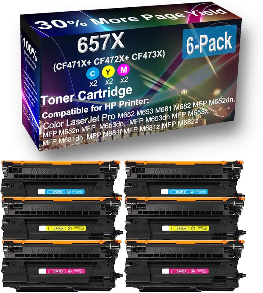 6-Pack (2C+2Y+2M) Compatible High Yield 657X (CF471X CF472X CF473X) Laser Printer Toner Cartridge use for HP MFP M681dh, MFP M681f, MFP M681z, MFP M682z Printer