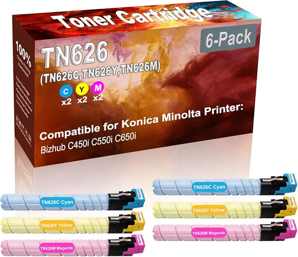 6-Pack (2C+2Y+2M) Compatible Bizhub C450i C550i C650i Laser Toner Cartridge (High Capacity) Replacement for Konica Minolta TN626 TN-626 (TN626C TN626Y TN626M) Printer Toner Cartridge