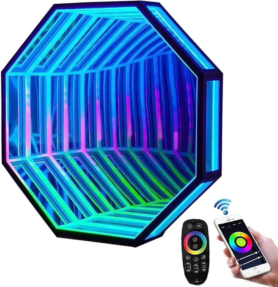 Infinity Mirror Tunnel Lamp,Octagon Multicolor Art Night Light,Wall Hanging Lights,Easy to Install,for Bedroom Living Room (50cm/19.7)