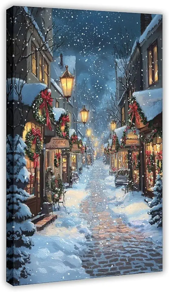 XAHOR Christmas European Street Wall Art – Vintage Snowy Night Scene Print, Cozy Holiday Lights Home Decor Canvas Wall Art Print Poster For Home School Office Decor 20x30inch(50x75cm)