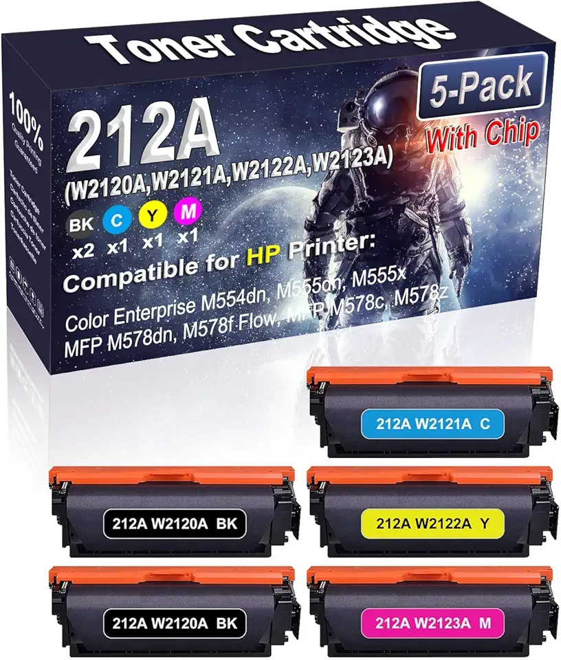 5-Pack (2BK/C/Y/M) Compatible High Yield 212A (W2120A W2121A W2122A W2123A) (with Chip) Imaging Toner Cartridge Use for HP M554dn M555dn M555x MFP M578dn M578f Flow MFP M578c M578z Printer