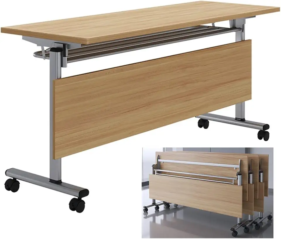 Folding Computer Table, Low Profile Flip Top Mobile Training Table with Lockable Wheels for Meeting Rooms, Training, Media Centers, Classrooms (Wood 140 * 60 * 75cm)