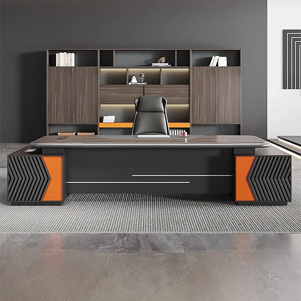 L-Shaped Black Computer Desk Executive Office Desk with File Cabinet Study Writing Table Business Furniture Set for CEO Boss