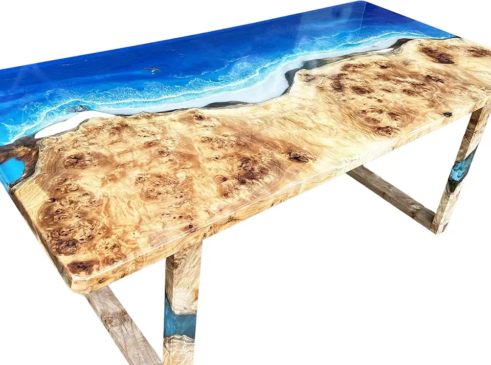 Personalized Light Wood Blue Resin Epoxy Table, Custom Live Edge Epoxy Table, Dining Room Table, Resin Ocean Table, Epoxy Resin Table, Coffee Table, Living Room Table, Kitchen Table (48x80 inch)