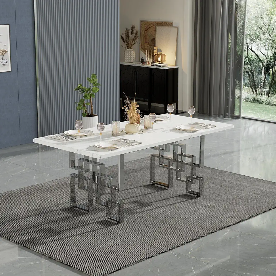 AUZ Luxury Dining Table, 78 inche Rectangular Dining Room Table for 4-8, White Rectangle Tabletop with Mirrored Silver Stainless Steel Geometric Base