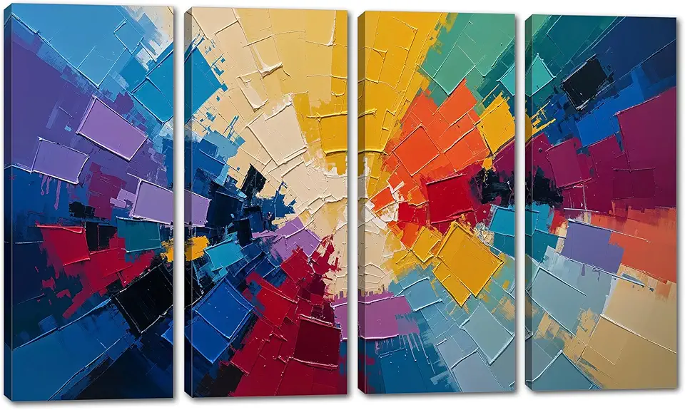 80 x 50 TOTAL - Abstract Canvas Wall Art colorful Print 4 Panel Split radial explosion of colorful blocks - Flat 2D