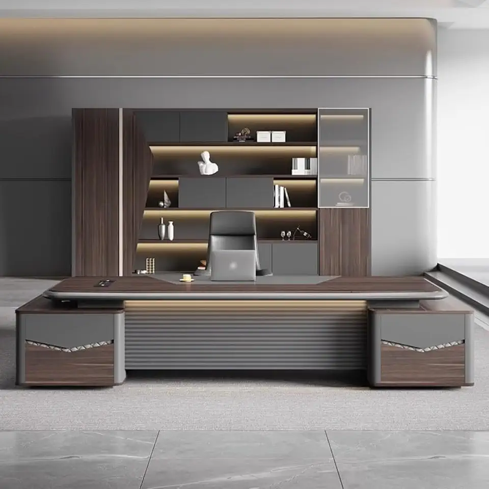 HOLIV Modern L Shaped Computer Desk with Lateral Cabinet, LED Light Large Executive Desk Office Desk with Power Outlet and Drawer Business Furniture Set Workstation for Home Office