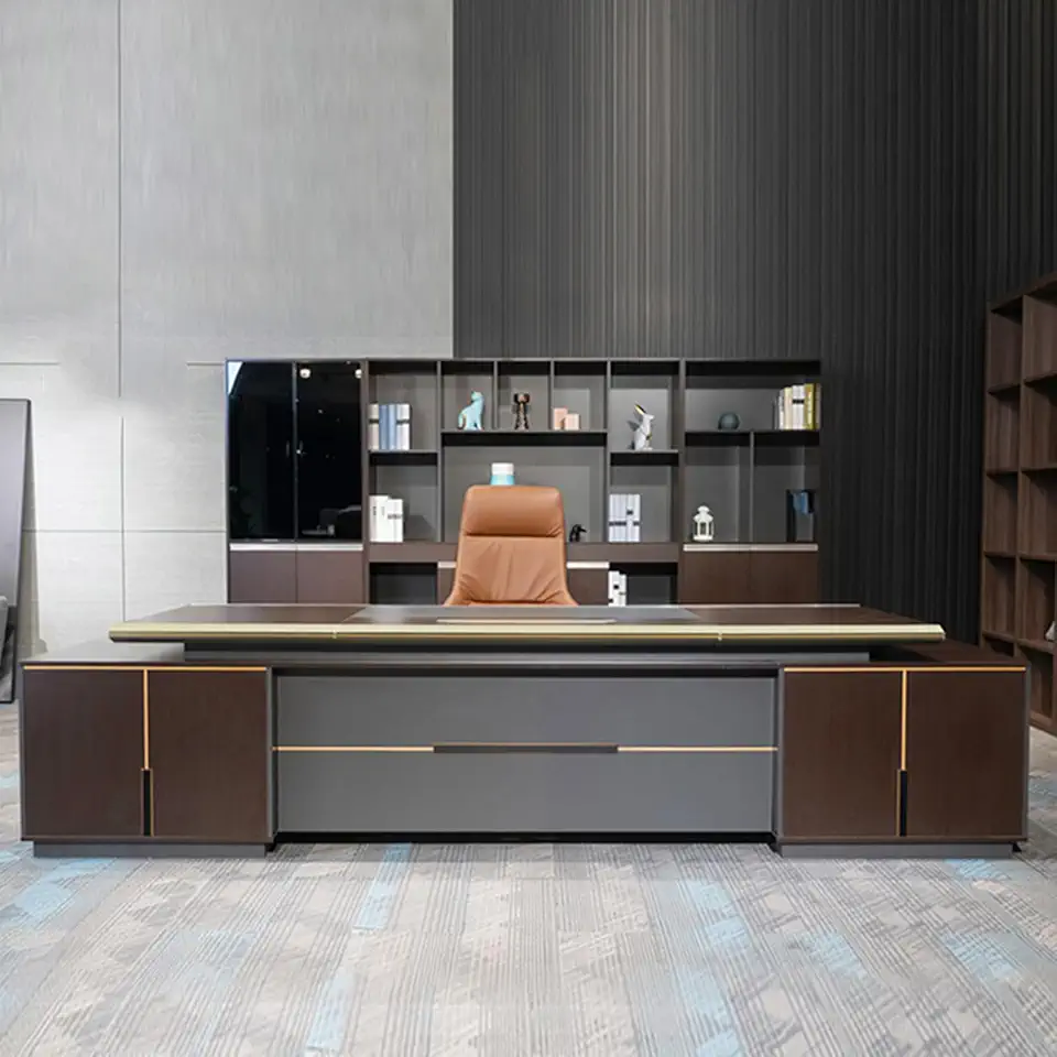 Brown L-Shaped Wood Computer Desk, Executive Office Desk with Lateral Cabinet, Study Writing Table Business Furniture Set for Home Office