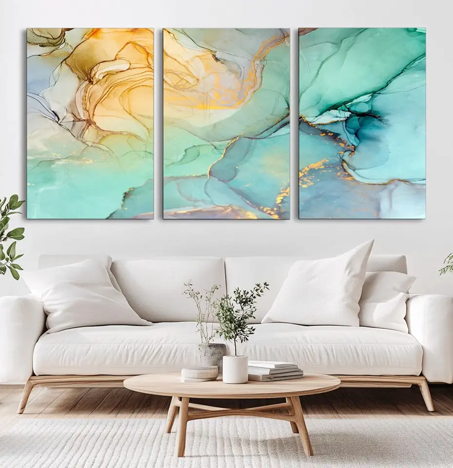 Sami Eymur Green Marble Fluid Effect Wall Art Abstract Canvas Wall Art Print 3 Panel Canvas Print/Gallery Wrapped / 90