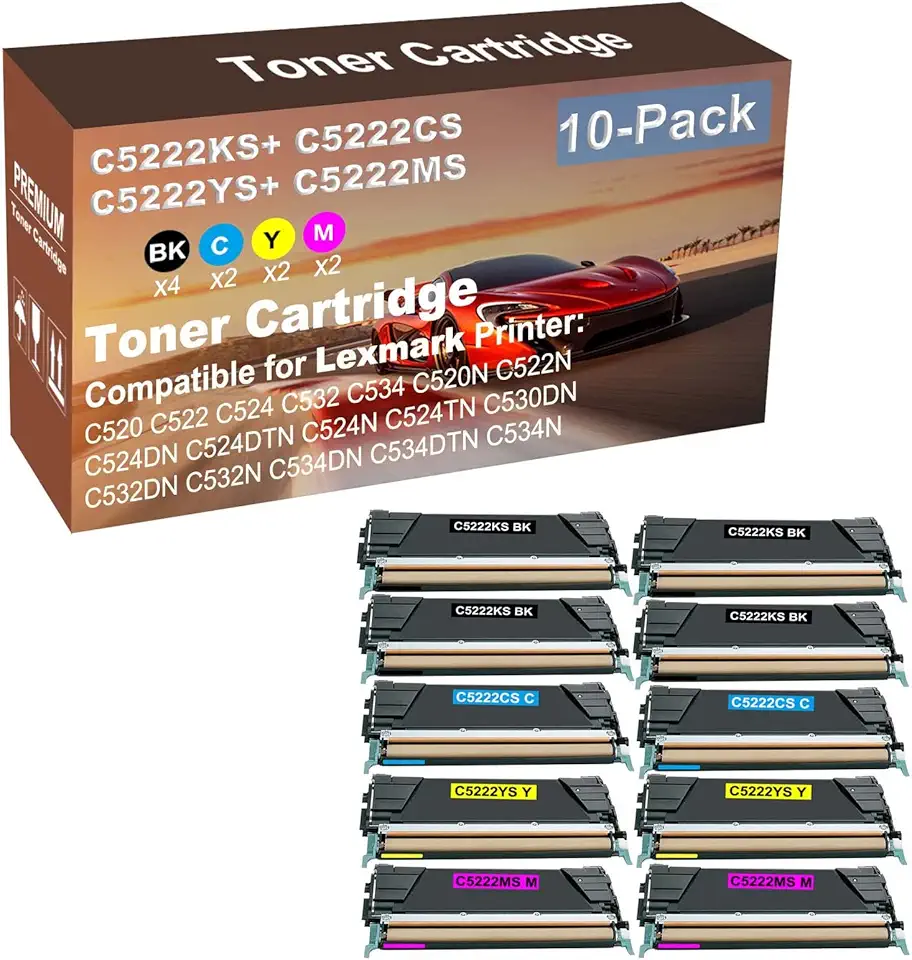 10-Pack (4BK+2C+2Y+2M) Compatible High Capacity C5222KS+ C5222CS+ C5222YS+ C5222MS Toner Cartridge Used for C520, C522, C524, C532, C534, C520N Printer