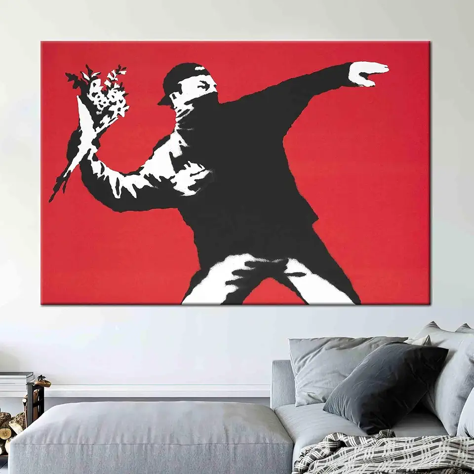 Stylish Banksy Flower Thrower Street Art Abstract Painting on Canvas for Modern Home and Office Decor - 1PC - 100x235