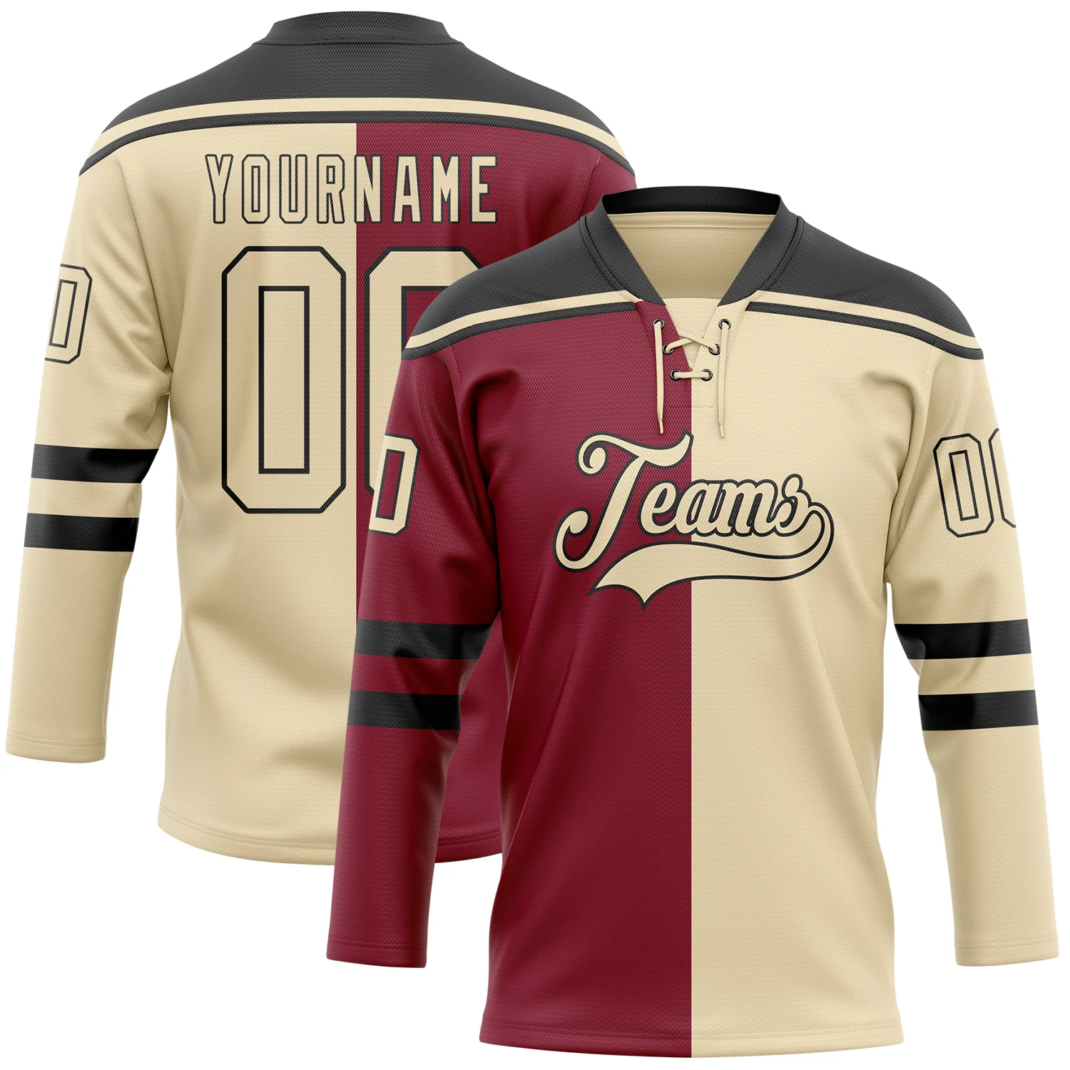 Custom Cream Crimson-Black Split Fashion Hockey Lace Neck Jersey