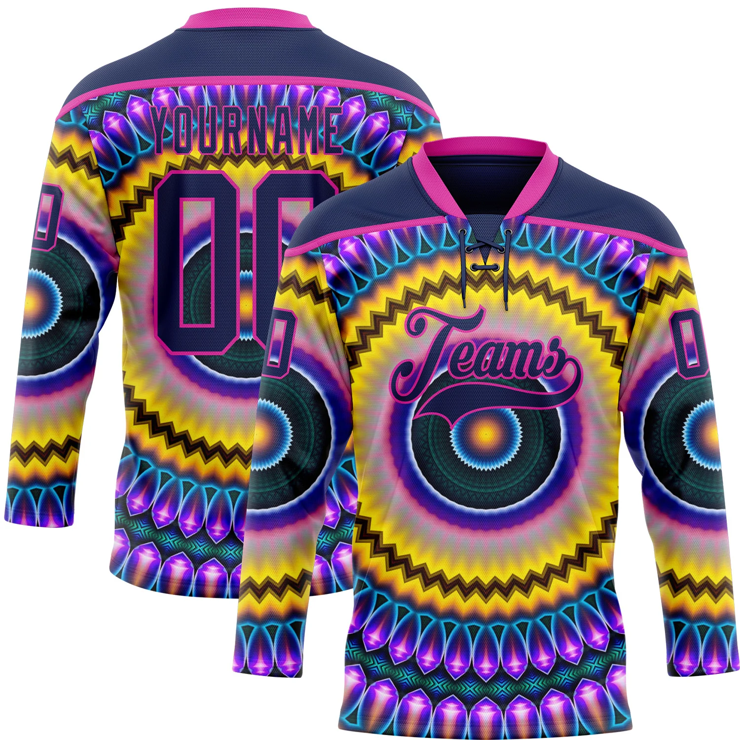 Custom Navy Purple Yellow-Deep Pink 3D Pattern Trippy Psychedelic Hockey Lace Neck Jersey