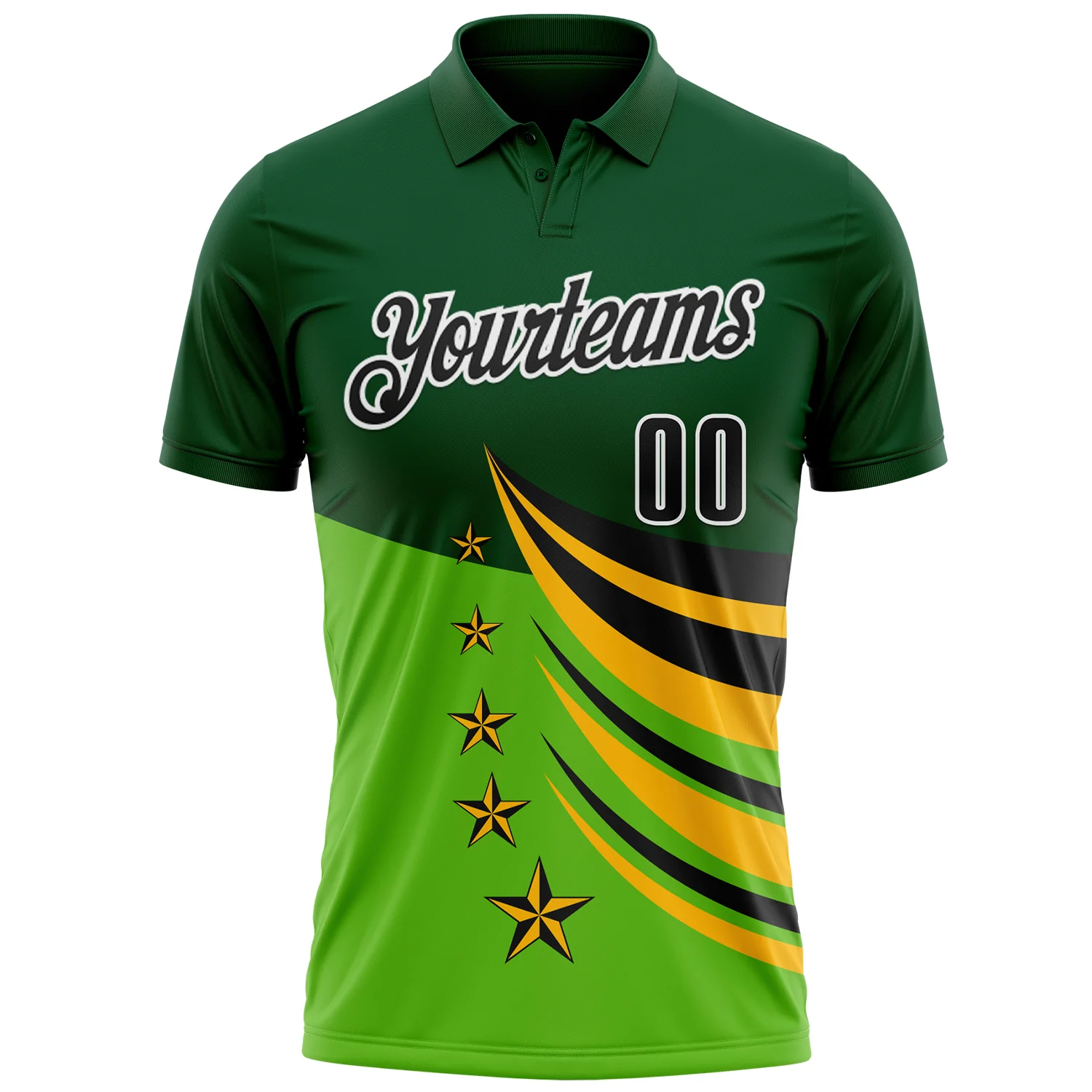 Custom Green Black Gold-White 3D Pattern Design Star Performance Polo Shirt