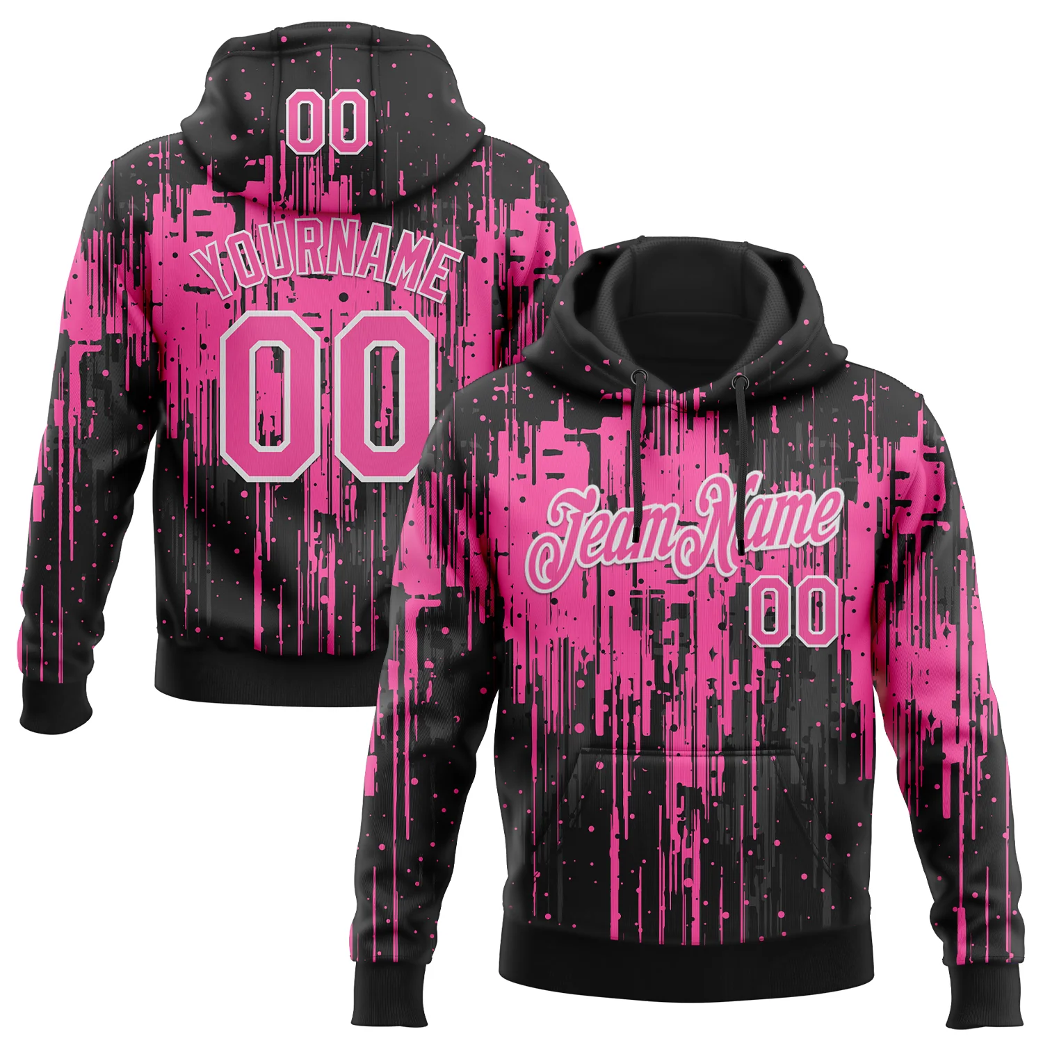 Custom Stitched Black Pink-White 3D Pattern Design Dripping Splatter Sports Pullover Sweatshirt Hoodie