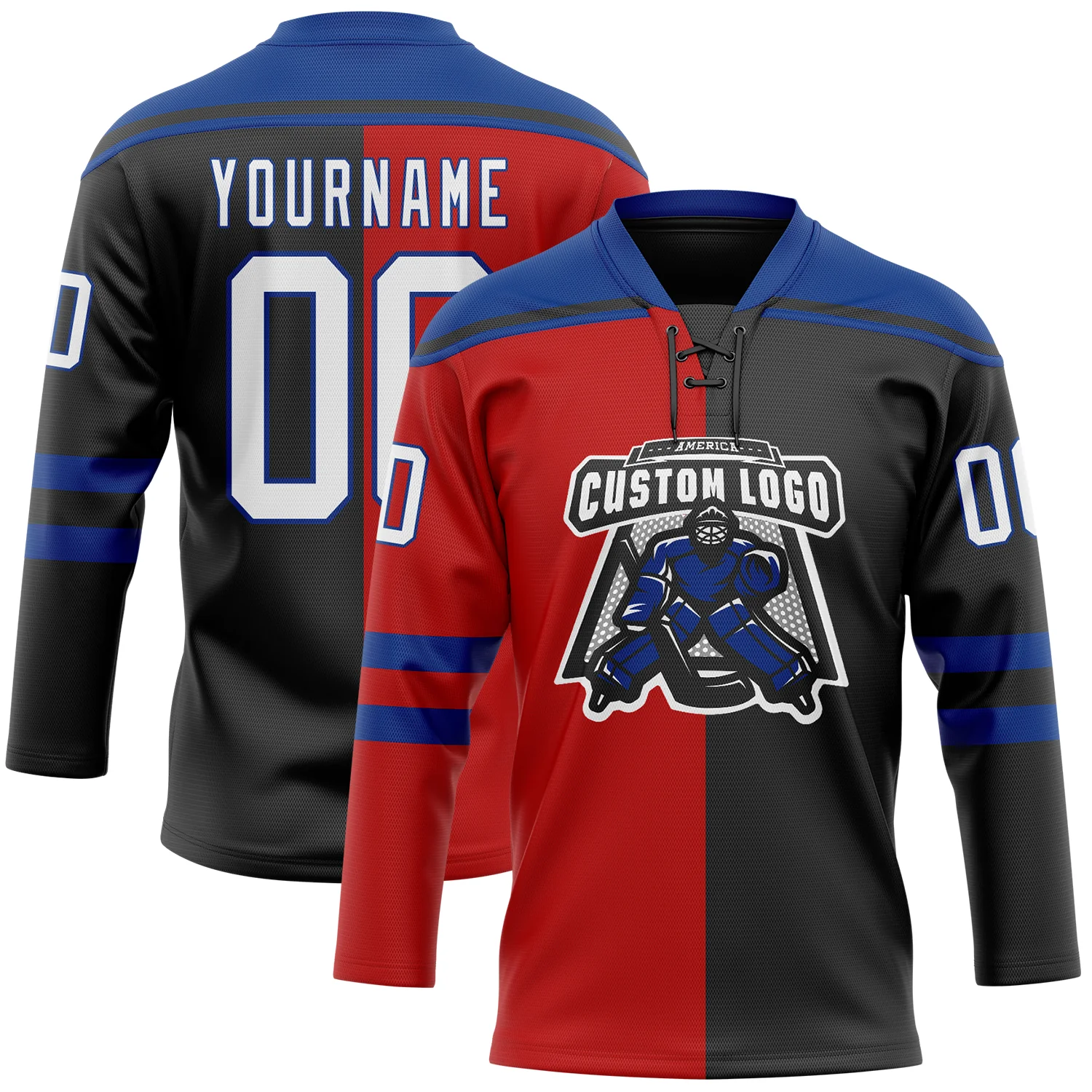 Custom Black White Red-Royal Split Fashion Hockey Lace Neck Jersey
