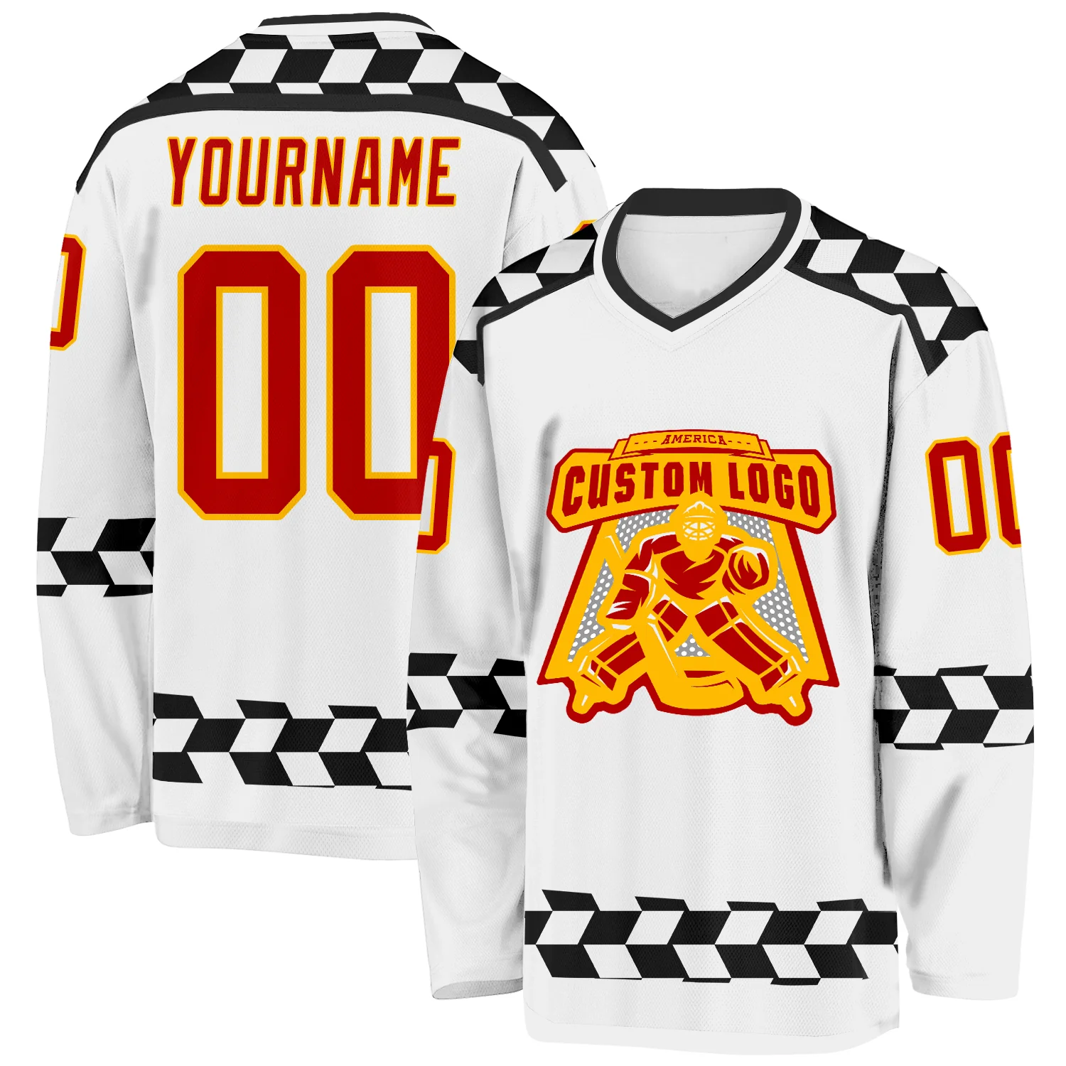 Custom White Red Gold-Black 3D Pattern Plaid Hockey Jersey