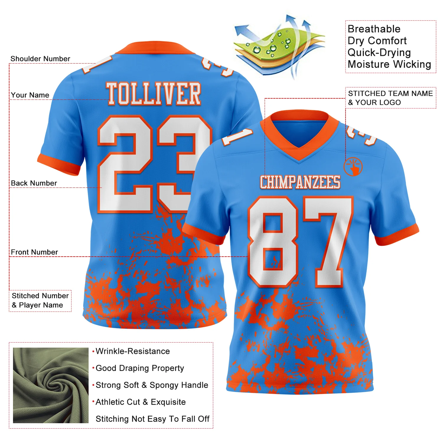 Custom Powder Blue White-Orange 3D Pattern Splash Authentic Football Jersey
