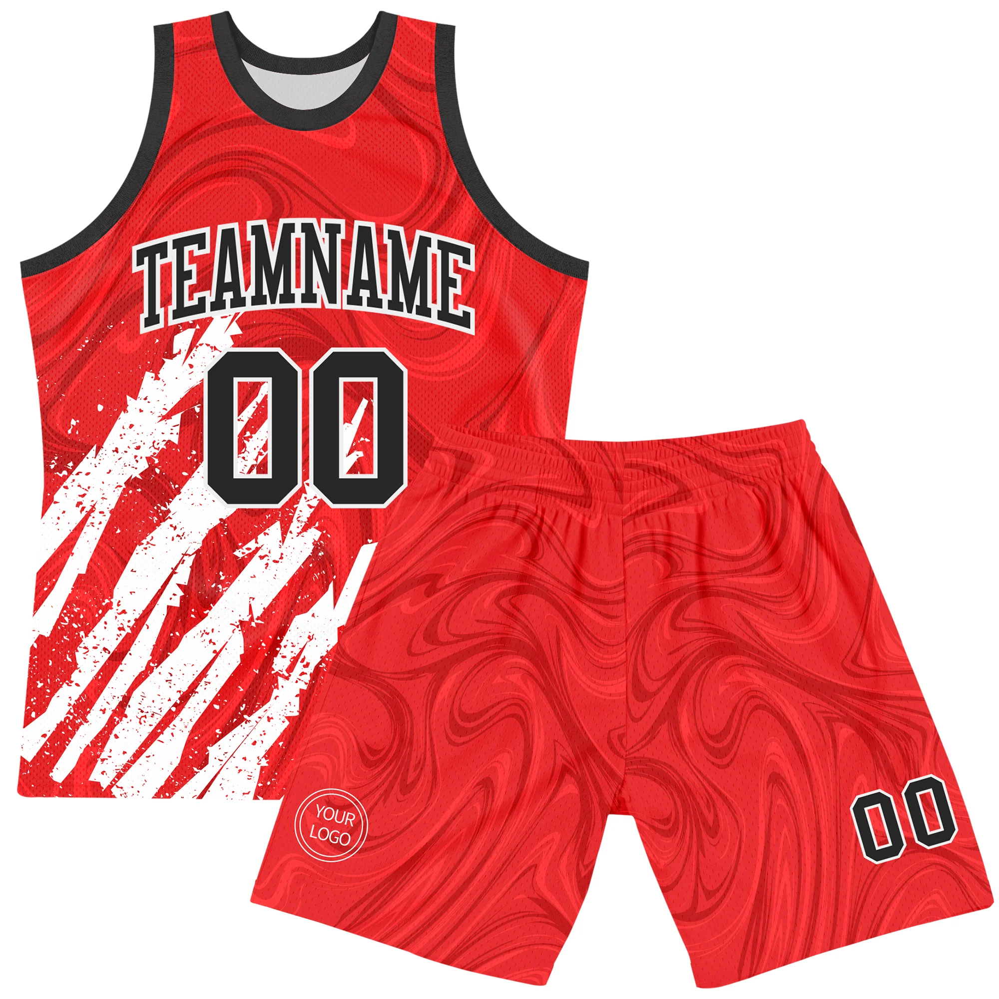 Custom Red Black-White Splash Round Neck Sublimation Basketball Suit Jersey