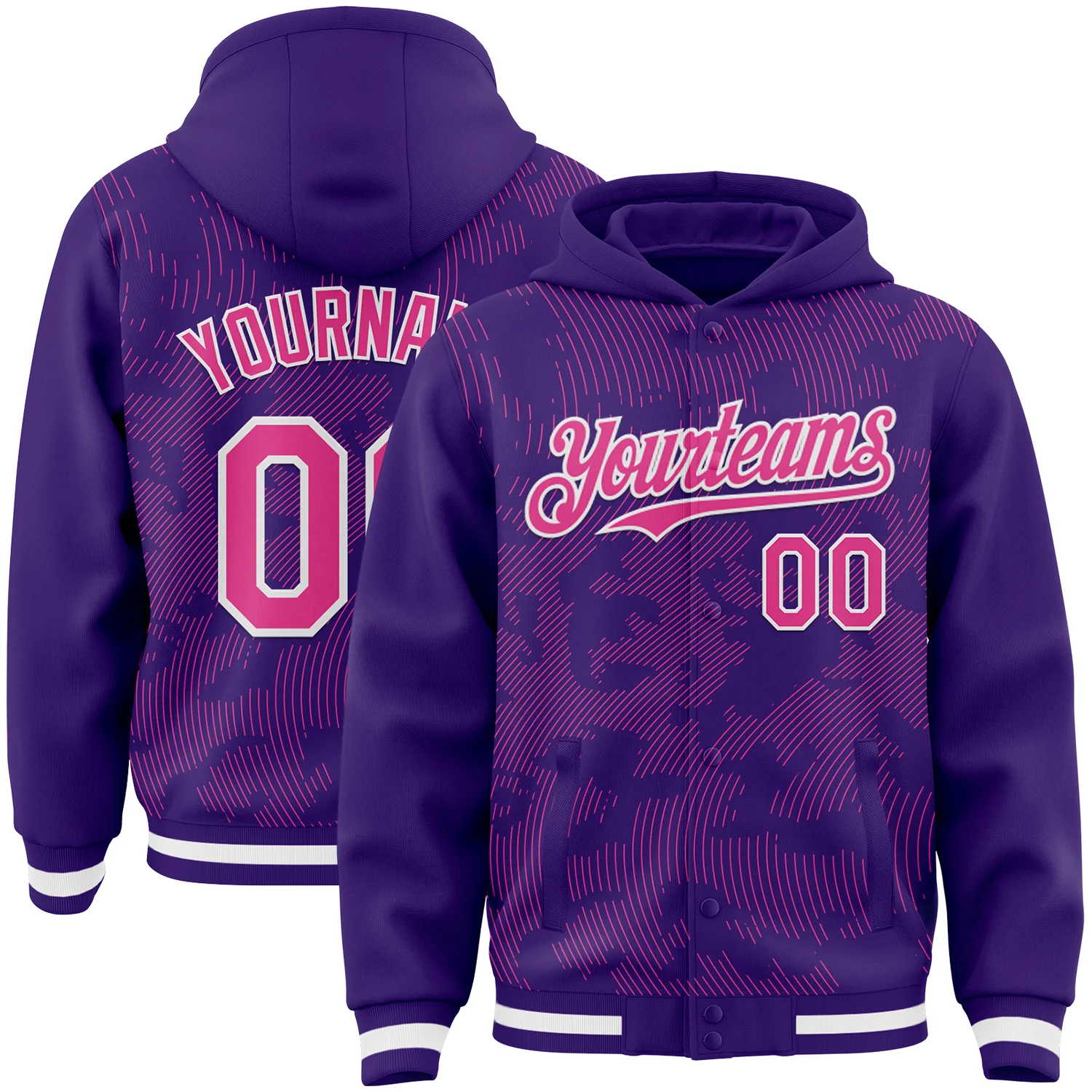 Custom Purple Pink-White Curve Lines 3D Pattern Design Bomber Full-Snap Varsity Letterman Hoodie Jacket