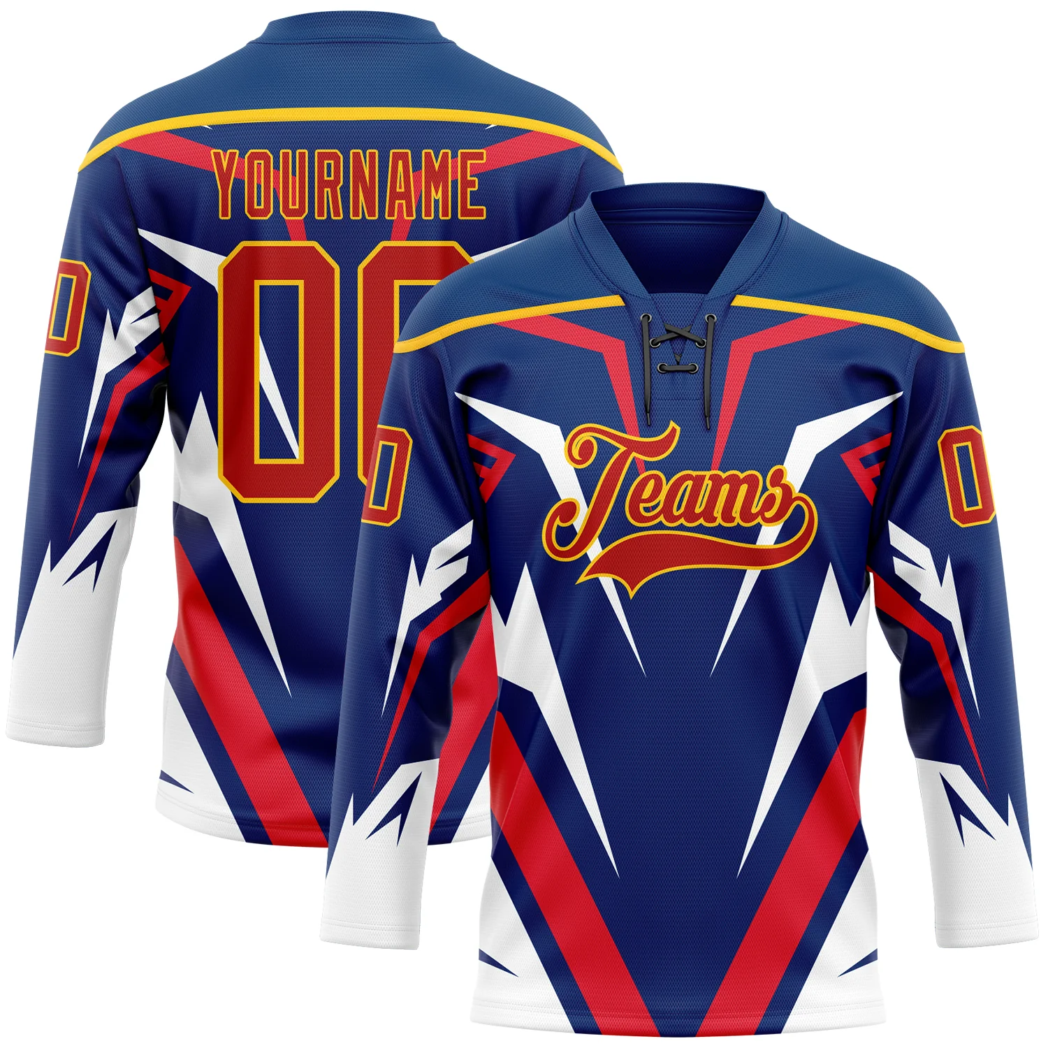 Custom US Navy Blue Red Yellow-White 3D Abstract Pattern Graphic Cyber Mecha E-sport Hockey Lace Neck Jersey